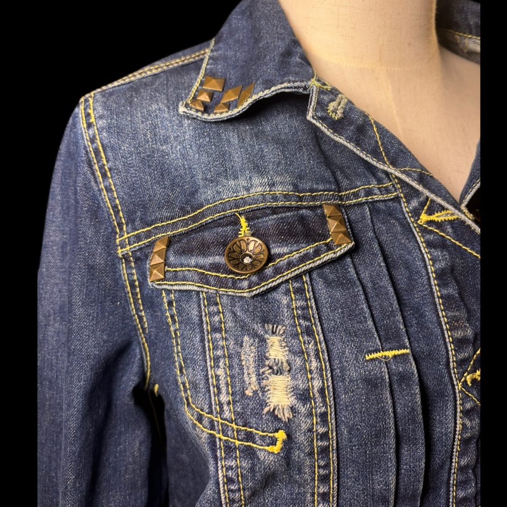 Democracy Distressed Denim Jacket with Yellow Stitching and Bronze hardware EUC - Picture 6 of 11